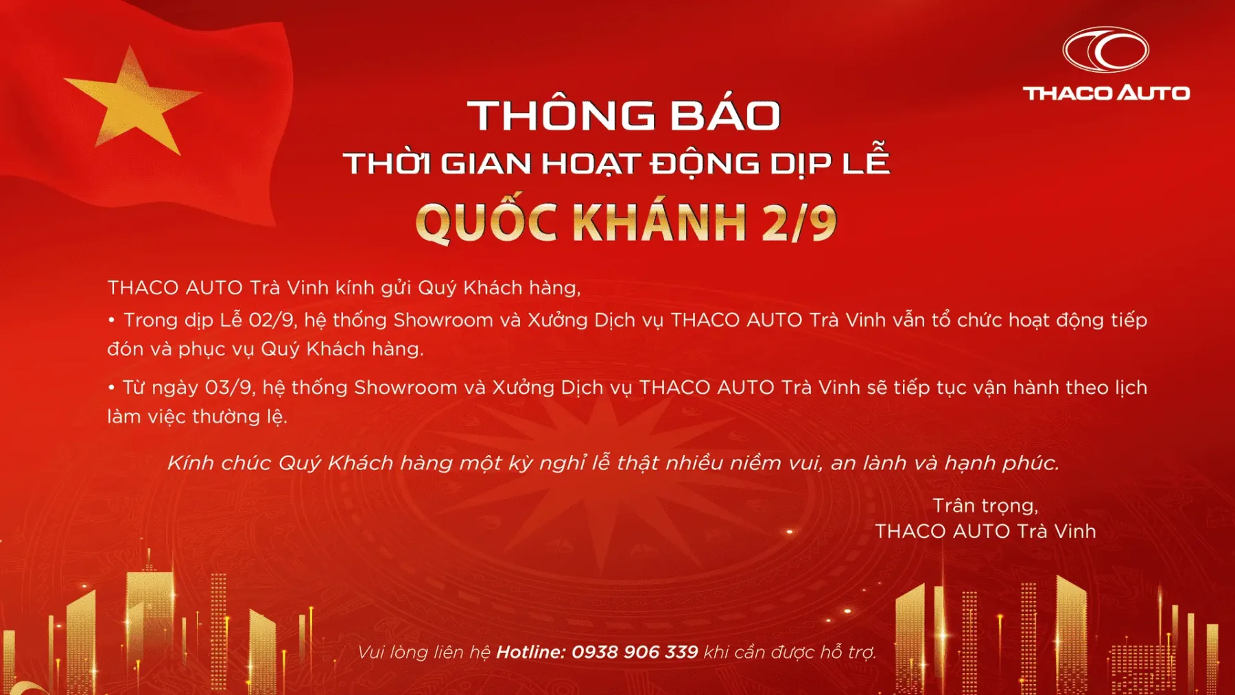 THÔNG BÁO THỜI GIAN HOẠT ĐỘNG DỊP LỄ QUỐC KHÁNH 02/9