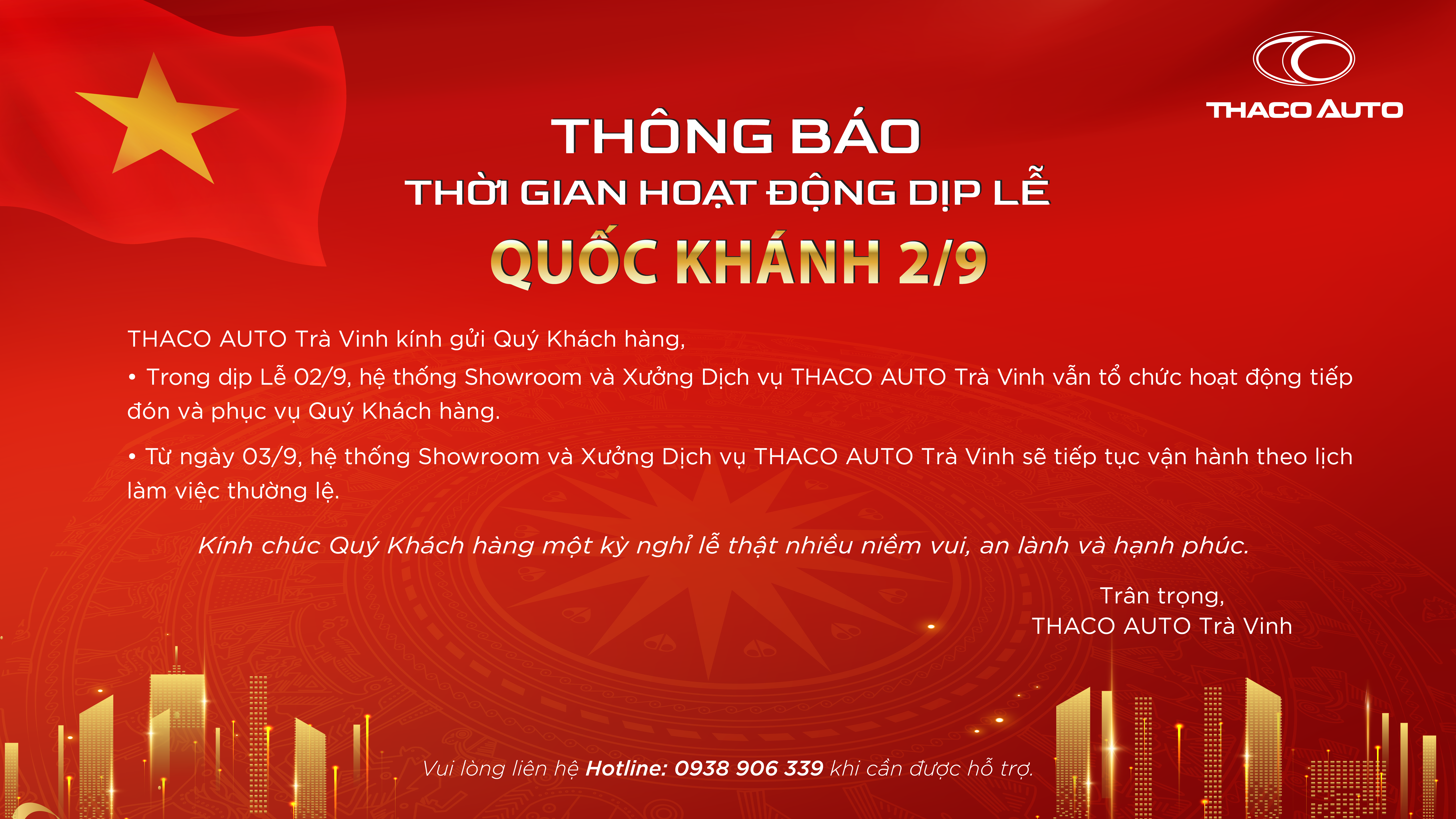 THÔNG BÁO THỜI GIAN HOẠT ĐỘNG DỊP LỄ QUỐC KHÁNH 02/9