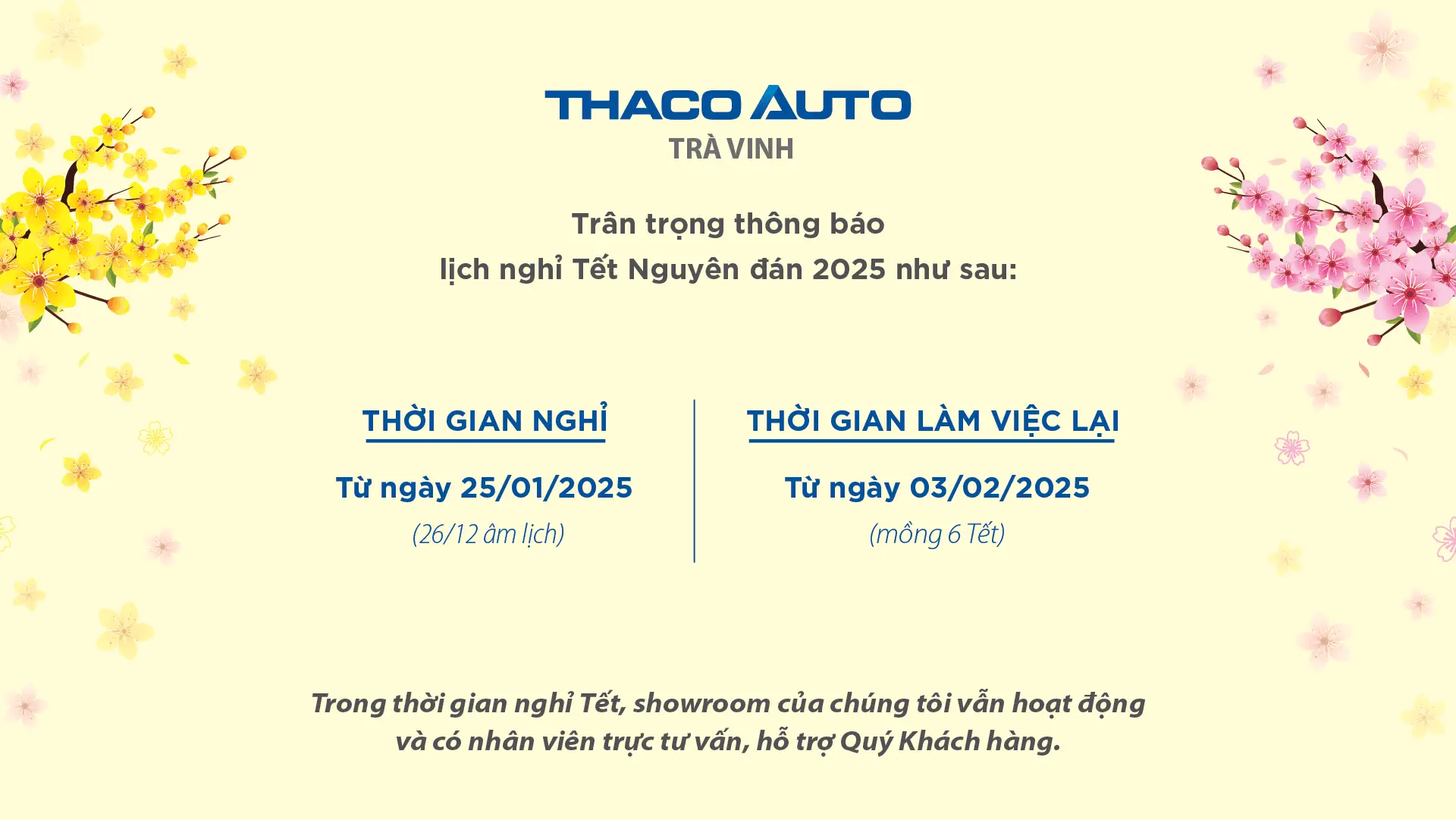 THACO AUTO Trà Vinh trân trọng thông báo lịch nghỉ Tết Nguyên đán 2025