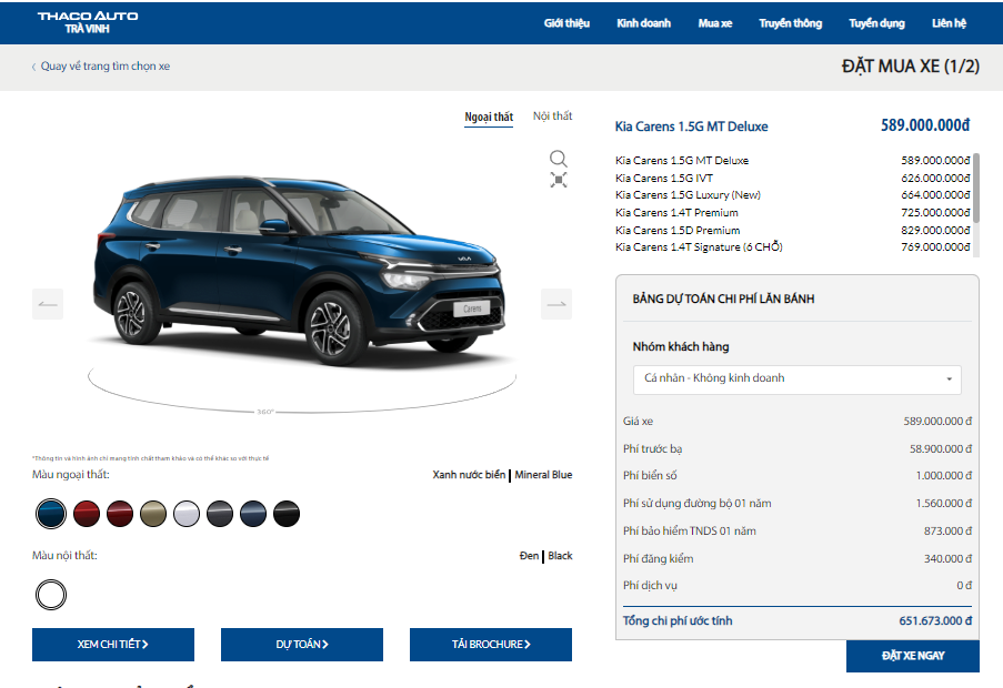 Trải nghiệm tính năng đặt mua xe trực tuyến trên website THACO AUTO TRÀ VINH